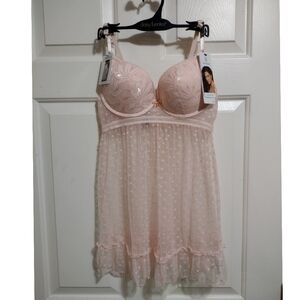 Daisy Fuentes Lace & Dot Blush Babydoll Set Size Large ✨💎 NWT